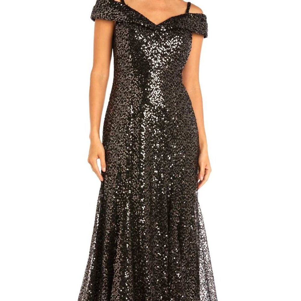 R&M Richards Full Length Formal Black and Gold Sequined Dress size 14